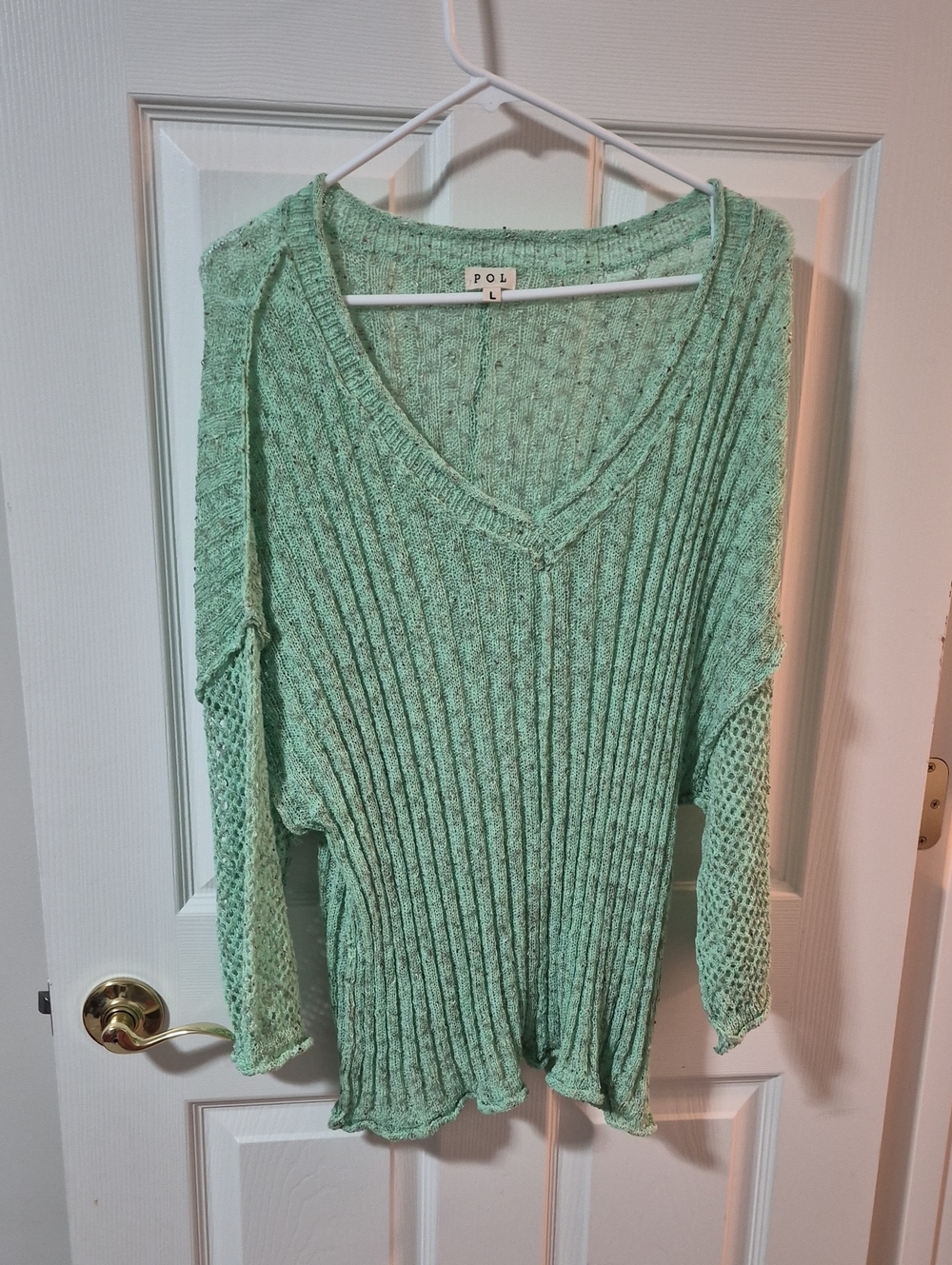 POL Mint Ribbed V-Neck Sweater with Open Knit Sleeves